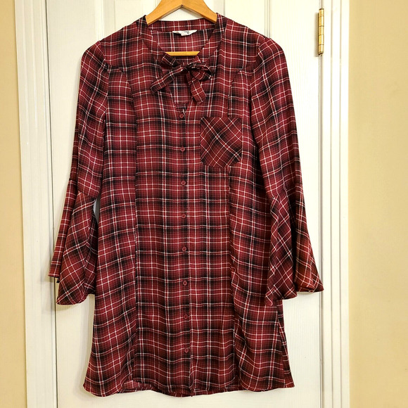 BB Dakota Dresses & Skirts - Jack by BB Dakota Rexford Plaid Bell Sleeve Dress Button Up Tie Neck Red Size XS